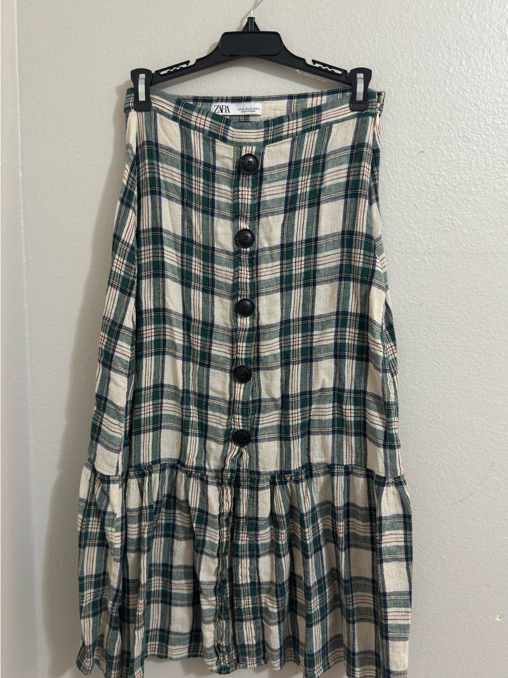 ZARA Green and Cream Plaid Button-Front Midi Skirt